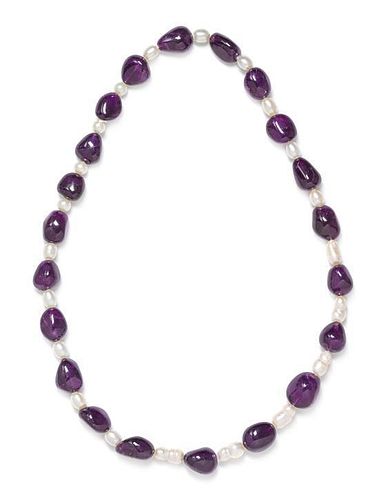 An Amethyst and Cultured Baroque Pearl Bead Necklace, 133.15 dwts.
