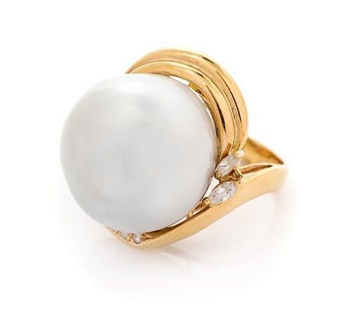 An 18 Karat Yellow Gold, Cultured Baroque South Sea Pearl and Diamond Ring, LeVian, 11.25 dwts.