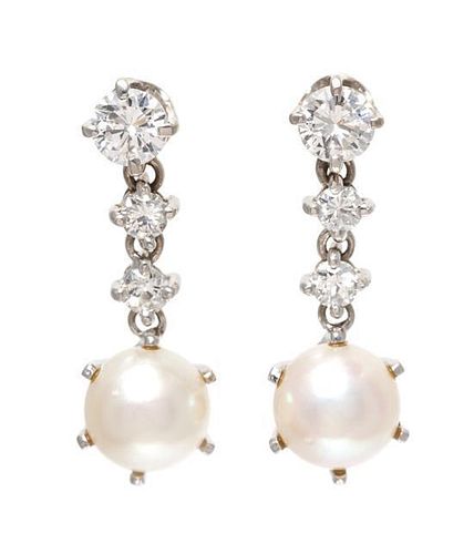 A Pair of White Gold, Diamond and Cultured Pearl Drop Earrings, 2.40 dwts.