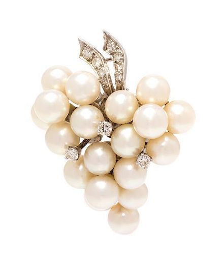 A White Gold, Cultured Pearl and Diamond Grape Cluster Motif Pendant/Brooch, 9.20 dwts.