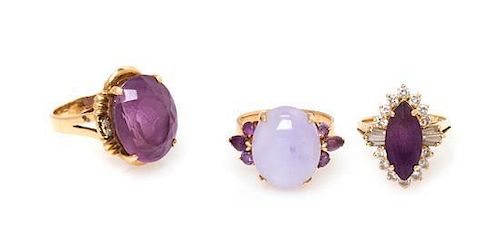 * A Collection of 14 Karat Yellow Gold, Amethyst, Jadeite and Diamond Rings, 13.50 dwts.
