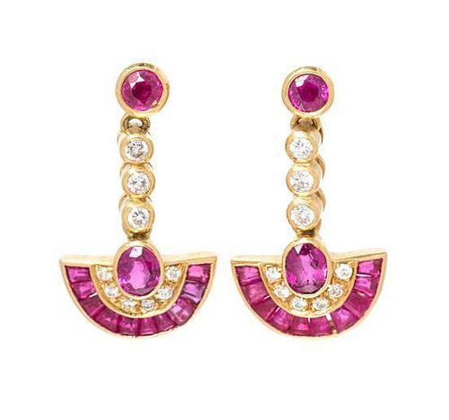 A Pair of 18 Karat Yellow Gold, Ruby and Diamond Dangle Earrings, Italian, 4.20 dwts.