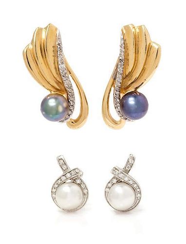 A Collection of Gold, Cultured Pearl and Diamond Earrings, 13.00 dwts.