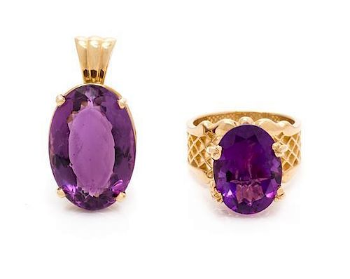 A Collection of 14 Karat Yellow Gold and Amethyst Jewelry, 12.60 dwts.