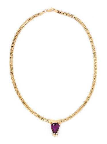 A 14 Karat Yellow Gold, Amethyst, Diamond and Colored Diamond Necklace, 11.40 dwts.