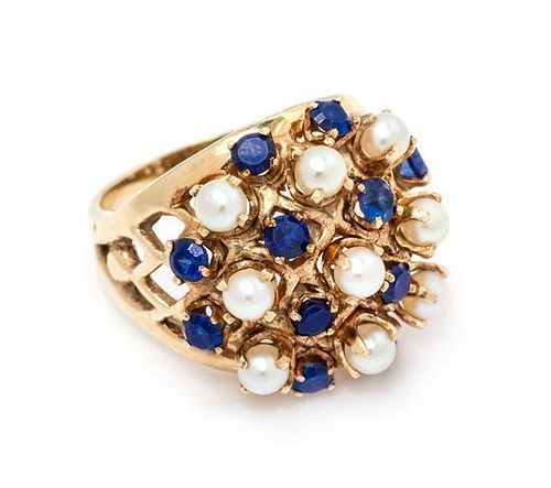 A Yellow Gold, Synthetic Sapphire, and Cultured Pearl Ring, 6.90 dwts.