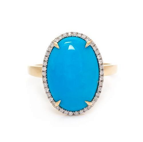 * A 14 Karat Yellow Gold, Synthetic Turquoise and Diamond Ring, 3.20 dwts.