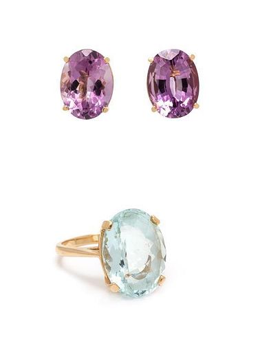 * A Collection of 14 Karat Yellow Gold, Aquamarine and Amethyst Jewelry, 12.10 dwts.