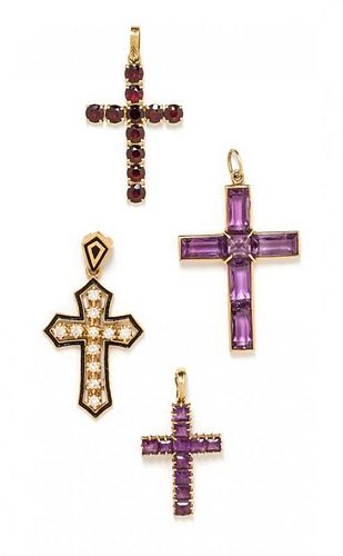 * A Collection of Yellow Gold and Gemstone Cross Pendants, 15.90 dwts.