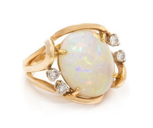 A 14 Karat Yellow Gold, Opal and Diamond Ring, 5.60 dwts