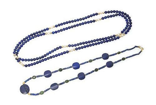 * A Collection of Lapis Lazuli, Pearl and Gold Necklaces, 31.60 dwts.