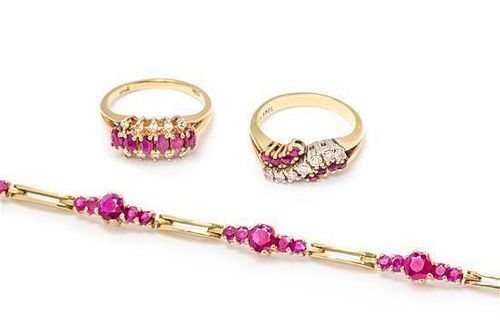 * A Collection of 14 Karat Gold, Ruby and Diamond Jewelry, 13.05 dwts.