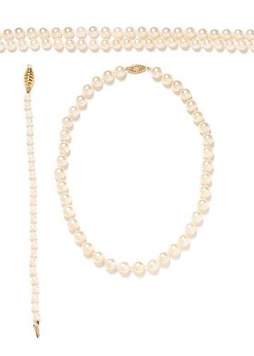 * A Collection of Yellow Gold and Cultured Pearl Jewelry, 86.20 dwts.