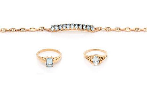 A Collection of 14 Karat Yellow Gold and Aquamarine Jewelry, 6.40 dwts.