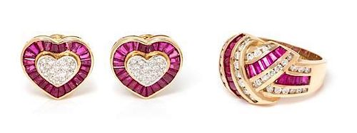 * A Collection of 14 Karat Yellow Gold, Ruby and Diamond Jewelry, 10.40 dwts.