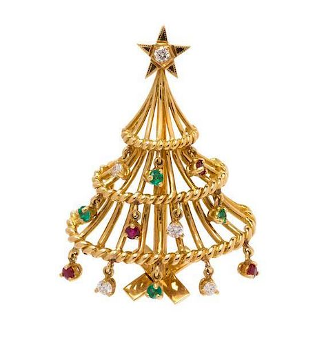 * An 18 Karat Yellow Gold, Diamond, Ruby and Emerald Christmas Tree Brooch, 6.45 dwts.