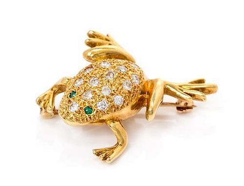 An 18 Karat Yellow Gold, Diamond and Emerald Frog Brooch, 6.10 dwts.