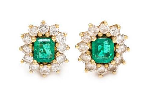 A Pair of Yellow Gold, Emerald and Diamond Earclips, 2.40 dwts.