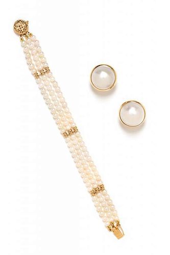 A Collection of 14 Karat Yellow Gold, Cultured Pearl and Mabe Pearl Jewelry, 20.00 dwts.