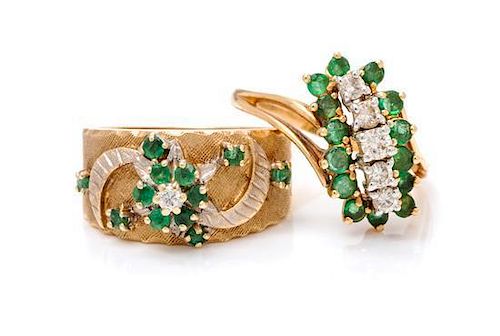 * A Collection of 14 Karat Bicolor Gold, Emerald and Diamond Rings, 7.70 dwts.
