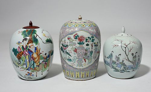 Group of three 19th C. Chinese porcelain covered jars