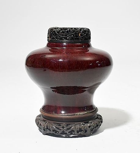 18th C. Chinese oxblood red glaze jar with carved wooden lid