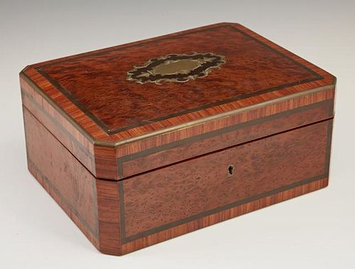 French Brass Bound Parquetry Inlaid Kingwood Dresser Box, 19th c., the crotched geometric inlaid lid over crotched sides, the