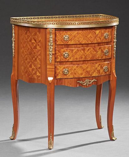 Diminutive French Louis XVI Style Ormolu Mounted Parquetry Inlaid Carved Mahogany Bowfront Demi-Lune Commode, 20th c., the br
