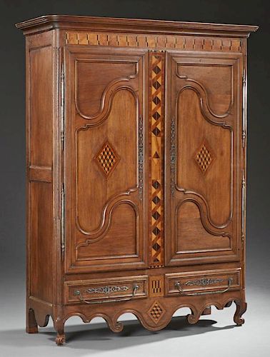 French Provincial Louis XV Style Inlaid Oak Armoire, c. 1800, the stepped rounded corner ogee crown over two triple panel doo