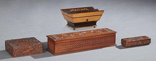 Group of Four Boxes, 19th c., consisting of a gilt decorated leather box from M. Scooler, New Orleans; a carved poke wood box