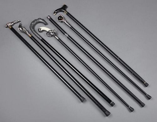 Group of Seven Contemporary Ebonized Sword Canes, 20th c., with various handles, Made in China, Tallest- H.- 39 in. (7 Pcs.).