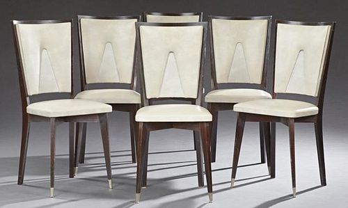 Six Art Deco Style Ebonized Mahogany Dining Chairs, 20th c., the trapezoidal back above a square seat, on tapered square legs