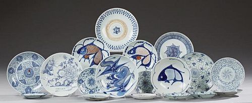 Group of Eighteen Chinese Blue and White Porcelain Plates and Bowls, of varying sizes (18 Pcs.), Largest Bowl- H.- 2 1/4 in.,