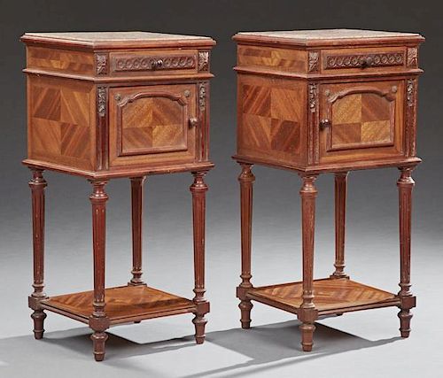 Pair of French Louis XVI Style Carved Mahogany Marble Top Nightstands, 20th c