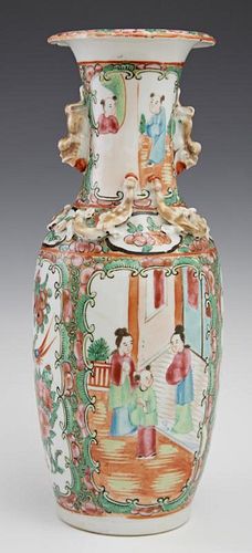Chinese Famille Rose Porcelain Baluster Vase, 19th c., with applied foo dog handles over relief salamander mounted shoulders,