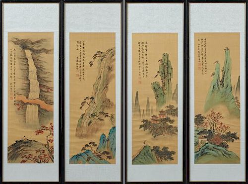 Group of Four Chinese Landscape Scrolls, early 20th c., watercolor, each with calligraphic inscriptions, mounted in silk mats