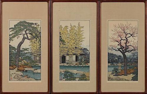 Toshi Yoshida, "Plum Tree of the Friendly Garden," "Bamboo of the Friendly Garden," and "Pine Tree of the Friendly Garden," 2
