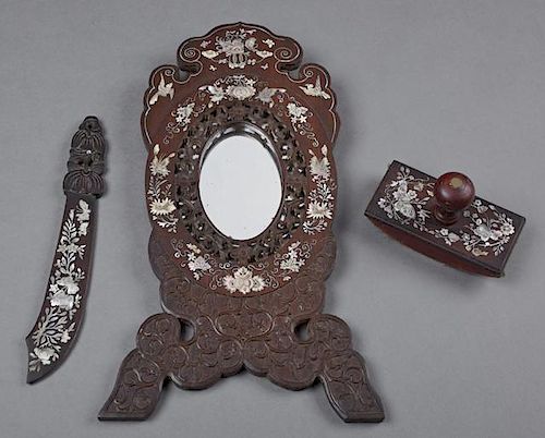Three Piece Mother of Pearl Inlaid Desk Set, c. 1900, consisting of a mirror, letter knife and blotter, each with elaborate b