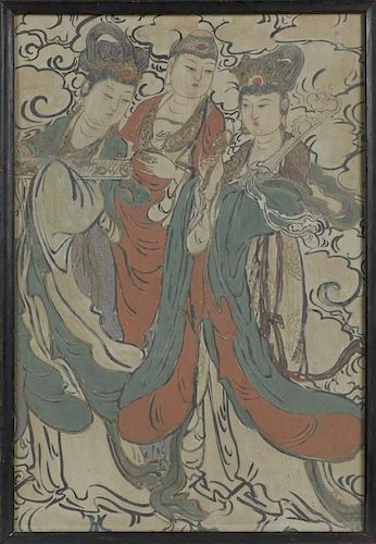 Chinese School, "Three Beauties Amongst the Clouds," 19th c., watercolor fresco on clay, presented in an ebonized frame, H.- 