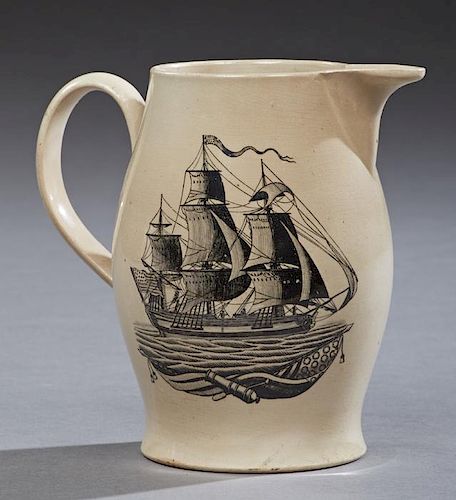 Excellent Liverpool Creamware Pitcher or Jug, c. 1795-1818, one side with black transfer of a three masted sailing ship under
