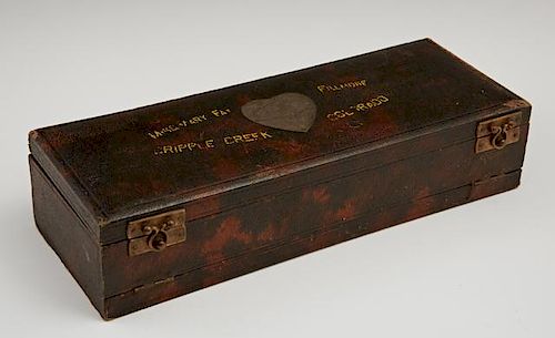 Gamblers Box, c. 1868, the lid of the fall front faux leather box embossed "Mary Fay Fillmore, Cripple Creek, Colorado," the 
