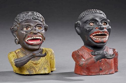 Group of Two "Jolly Negro" Cast Iron Mechanical Banks, one by J. E. Stevens, Cromwell, Ct, in original paint, patented 1882; 