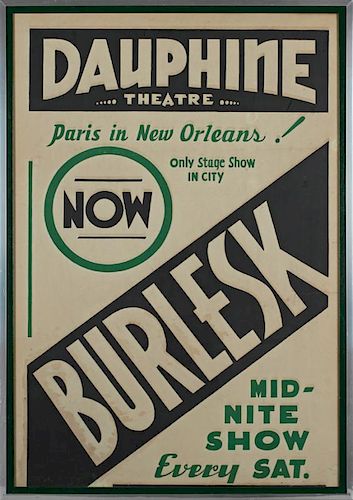 Vintage Burlesk Poster, mid 20th c., for the "Dauphine Theatre, Paris in New Orleans," presented in an aluminum frame, H.- 39