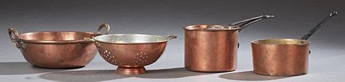 Group of Five Pieces of French Copper Cookware, early 20th c., consisting of two sauce pans, one lid, a colander and a large 