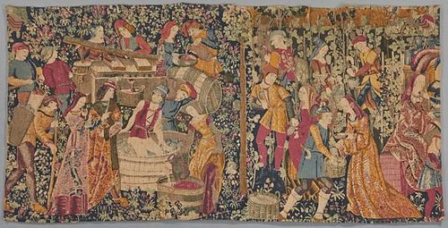 French Tapestry, 19th c., of a vineyard scene, the top with hanging rings, H.- 39 in., W.- 72 in.