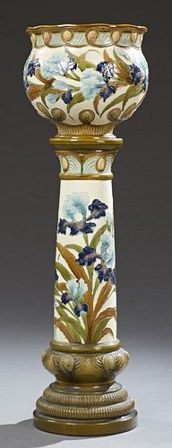 English Burmantofts Faience Jardiniere on Stand, c. 1900, England #2022, with brightly colored floral decoration, the bottom 