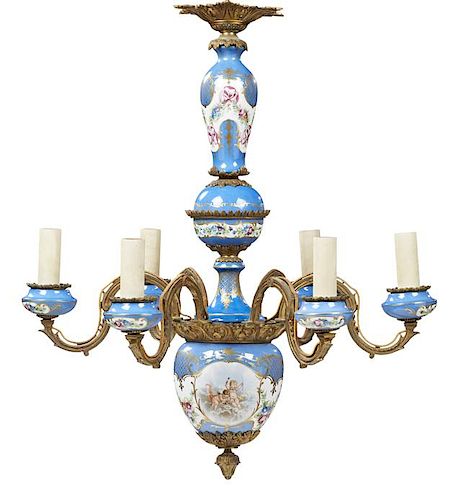 Sevres Style Porcelain and Bronze Six Light Chandelier, late 19th c., with a bleu celeste porcelain ground support with gilt