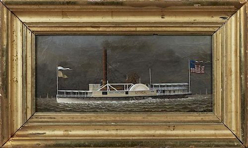 American School, "The Paddlewheeler Utica," 19th c., oil on canvas, signed in monogram "SNS" lower right, perhaps Samuel Stan