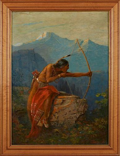 H. Irving Marlatt (1860-1925, American), "Native American Bow Hunting," 1915, oil on canvas, signed and dated lower right, pr