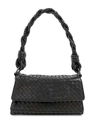 A Bottega Veneta Black Intrecciato Double Flap Handbag, 10" x 5" x 4"; Strap drop: 9".